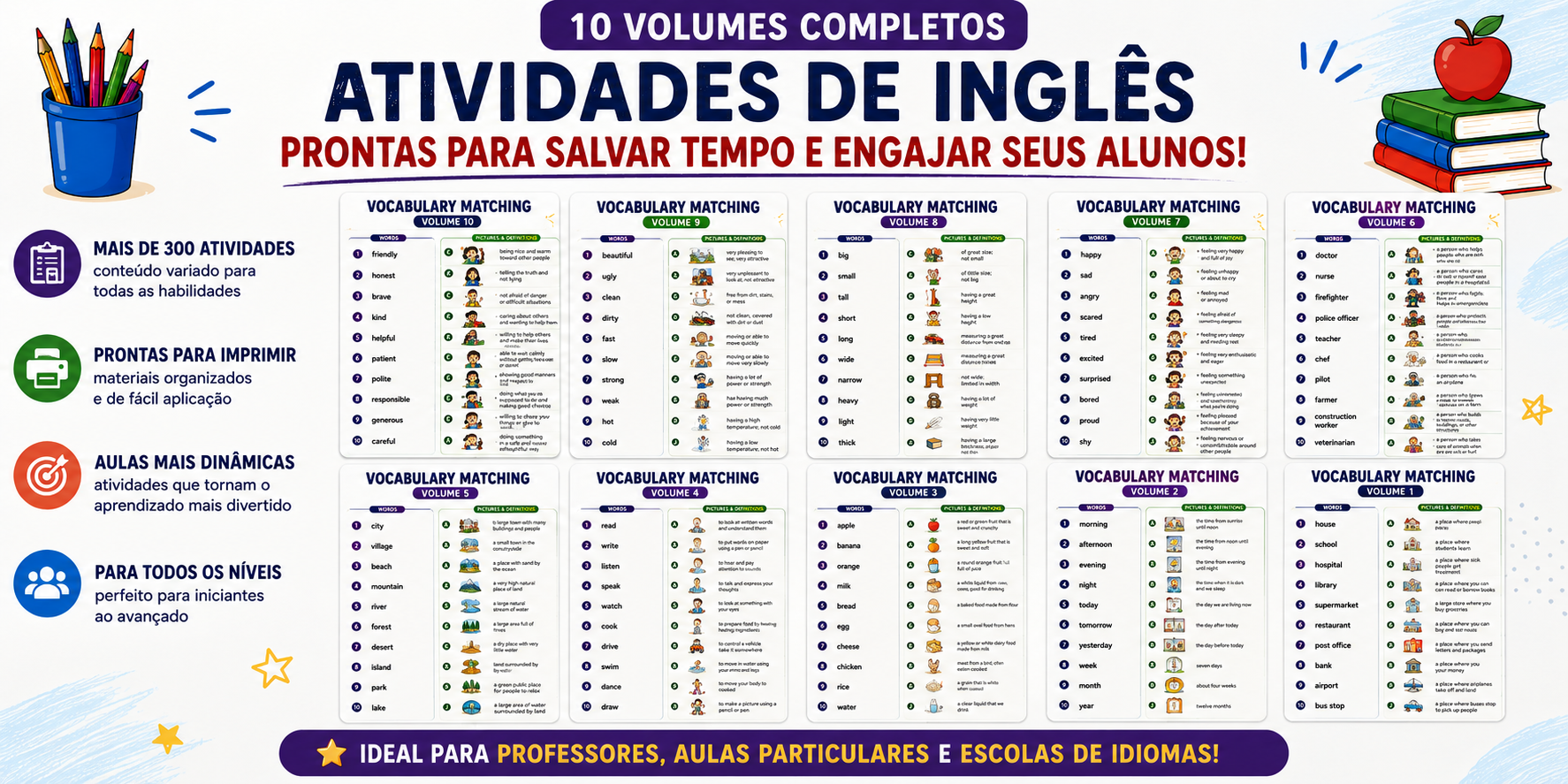 10 volumes completos de atividades de inglês prontas para imprimir